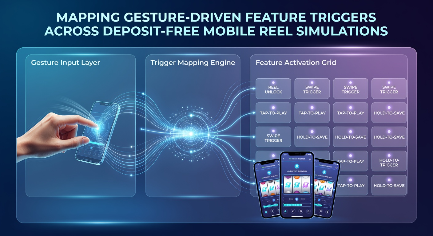 Detailansicht einer mobilen Reel-Simulation mit markierten Gestenpfaden und Feature-Trigger-Zonen